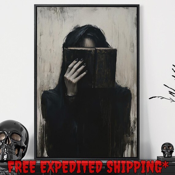 Hooded Figure Hiding Behind Black Book Ghostly Pale Dark Gothic Mystery Poster