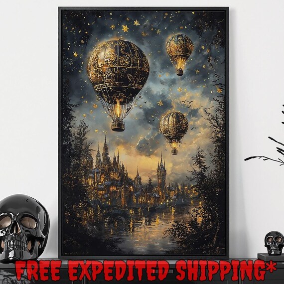 Golden Steampunk Hot Air Balloons Over Medieval City Starry Night Poster