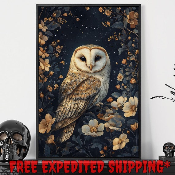White Owl In Flowers Framed Wall Art Starry Night Painting Print Dark Botanical Decor Gothic Dark Cottagecore Poster Ready To Hang