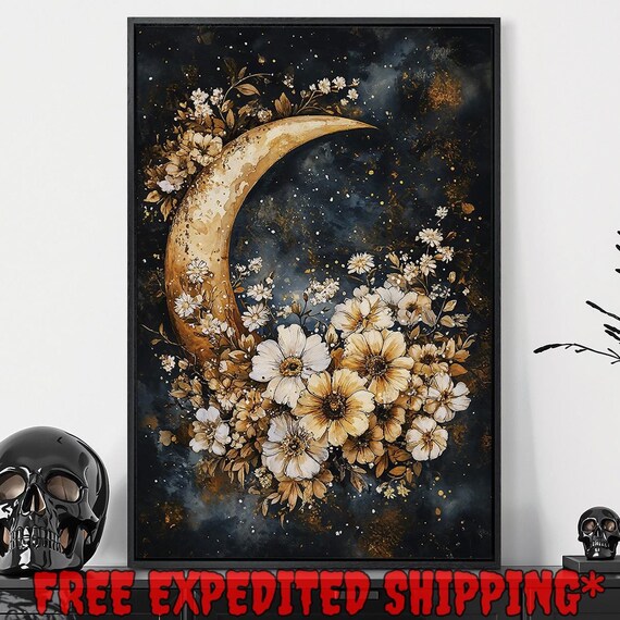Golden Crescent Moon Gold Wildflowers Starry Night Celestial Poster