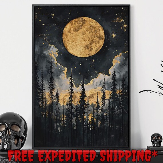 Golden Full Moon Tall Pine Forest Starry Night Dark Clouds Mystical Wall Poster