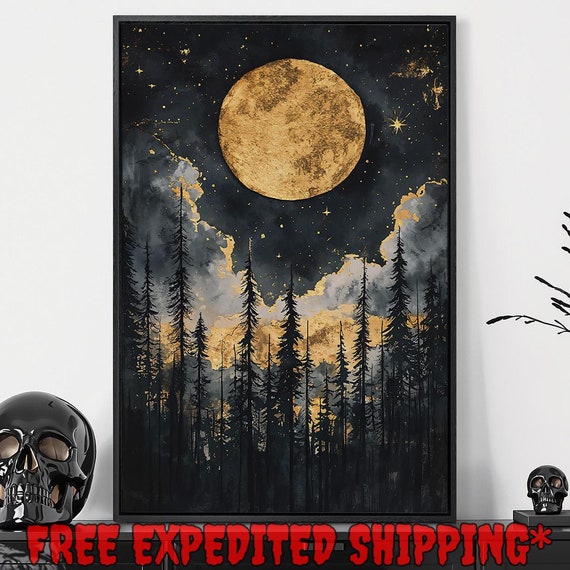 Moonlit Night In The Forest Framed Wall Art Starry Sky Painting Print Enchanted Full Moon Decor Tall Trees Poster Gift Ready To Hang