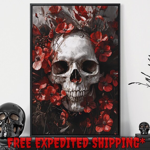 White Skull Surrounded by Red Poppies Dark Floral Macabre Poster