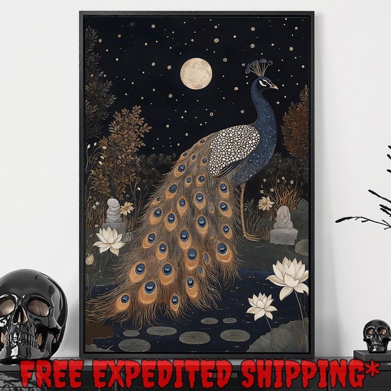 Mysterious Peacock Framed Wall Art Moon And Starry Night Painting Print Fantasy Landscape Decor Dark Academia Poster Ready To Hang