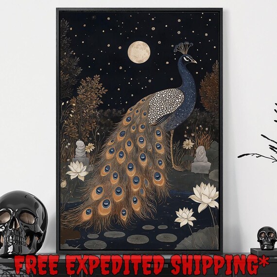 Peacock Under Full Moon Starry Night Lotus Pond Dark Botanical Wall Art