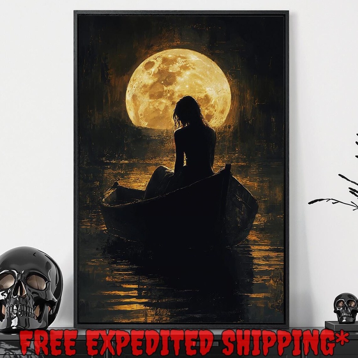Woman In Boat Under Golden Full Moon Night Water Reflection Poster