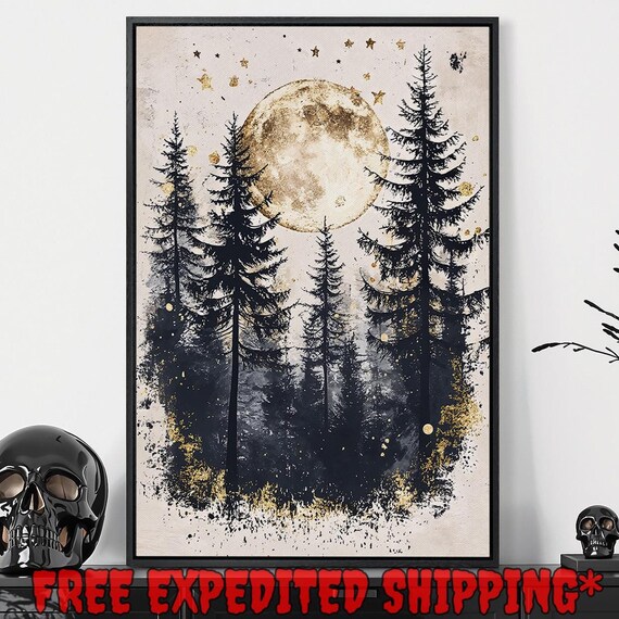 Golden Full Moon Glowing Over Black Pine Trees Night Art Poster