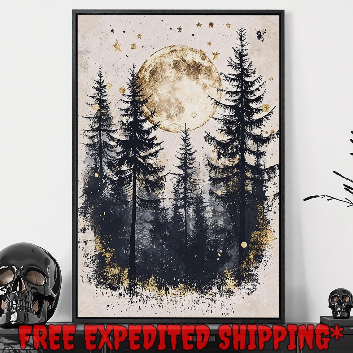 Golden Full Moon Glowing Over Black Pine Trees Night Art Poster