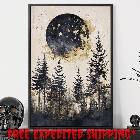 Starry Black Moon Over Pine Forest Cream Celestial Art Poster