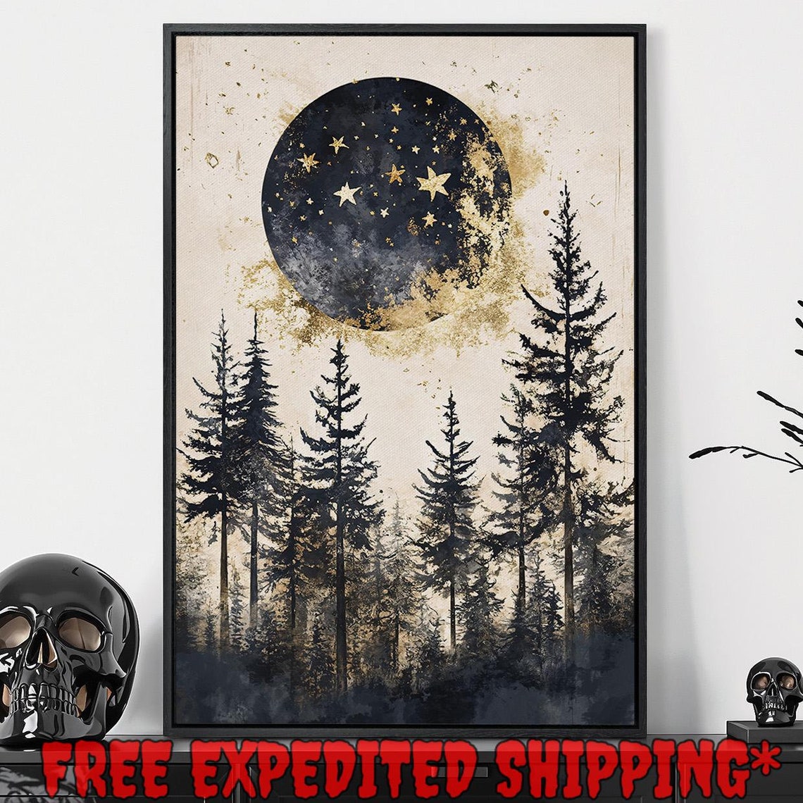 Starry Black Moon Over Pine Forest Cream Celestial Art Poster