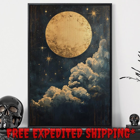 Golden Moon And Stars Framed Wall Art Dark Night In The Clouds Painting Print Celestial Decor Cosmic Scene Poster Gift Ready To Hang