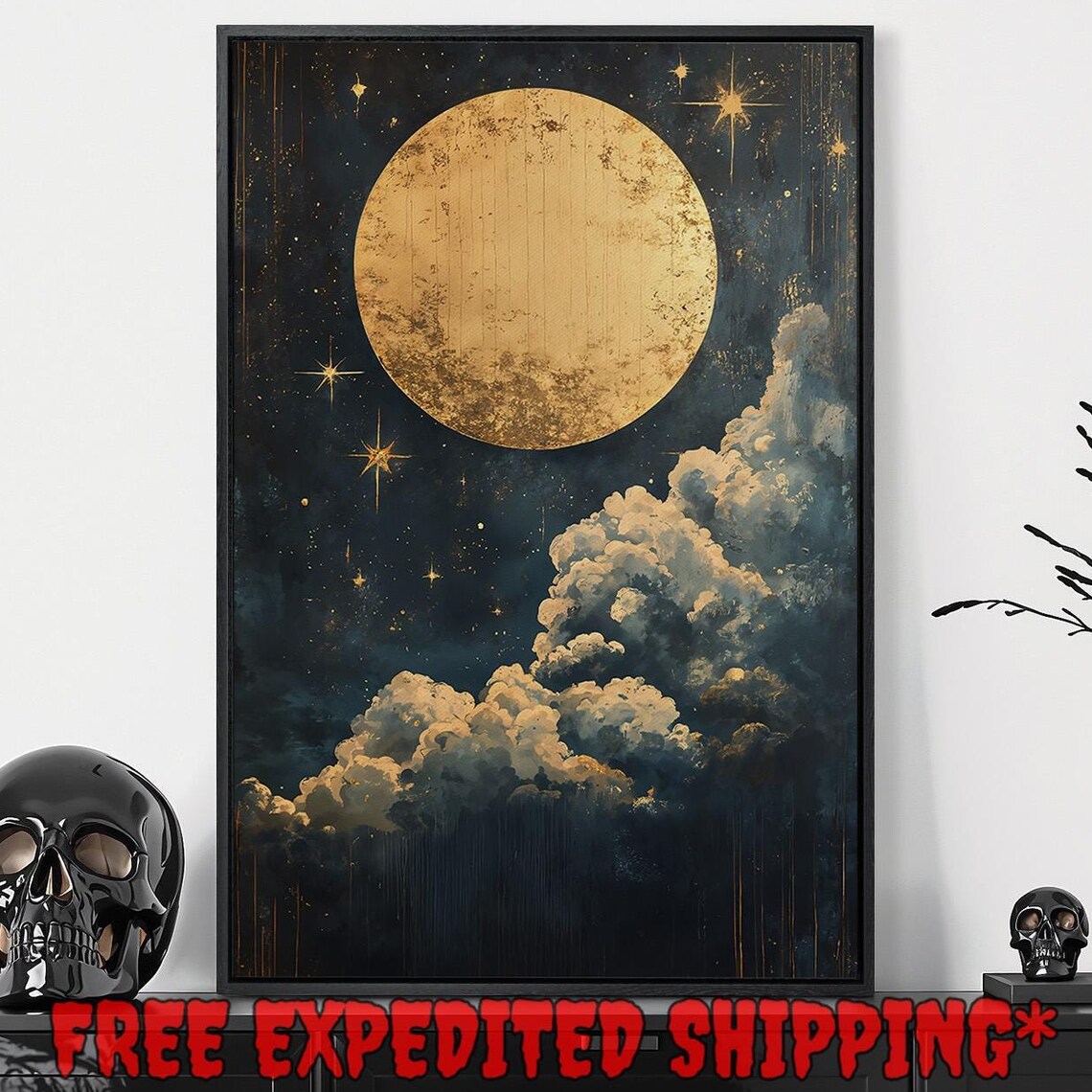 Golden Full Moon Dark Starry Night Clouds Black And Gold Poster