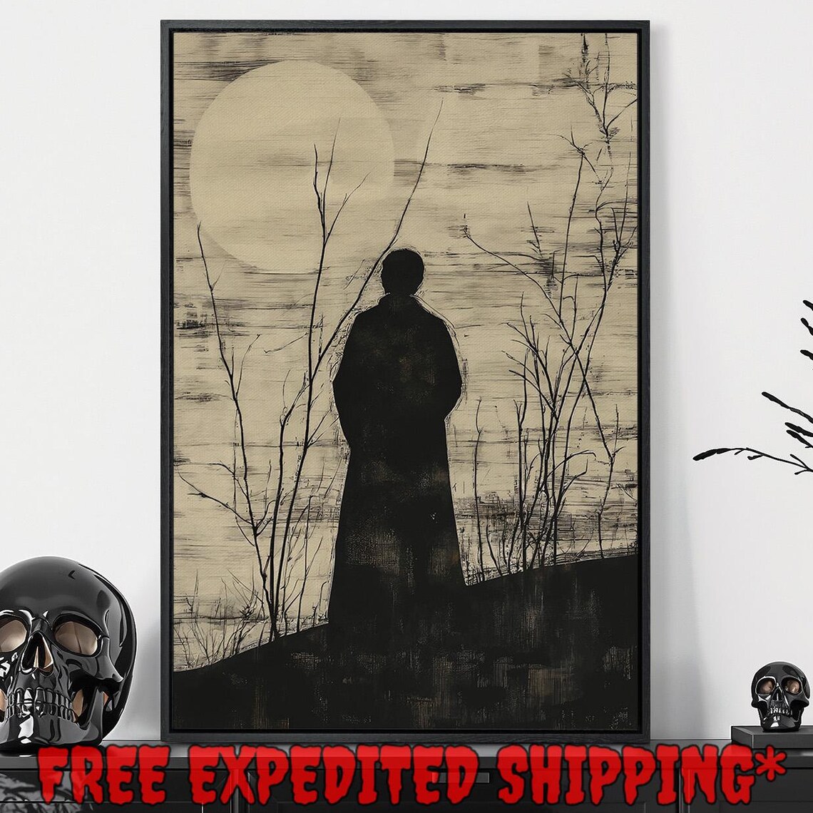 Dark Figure Silhouette Under Full Moon Barren Branches Art Poster