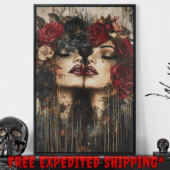 Bold Red Rose And Stylish Women Print Gothic Botanical Female Home Decor Gloomy Dark Academic Poster Ready To Hang Framed Wall Art