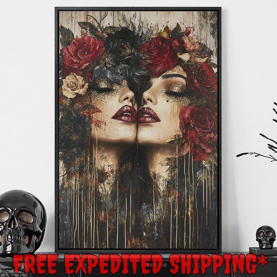 Mirrored Gothic Women Faces With Red Roses Dark Beauty Art Poster