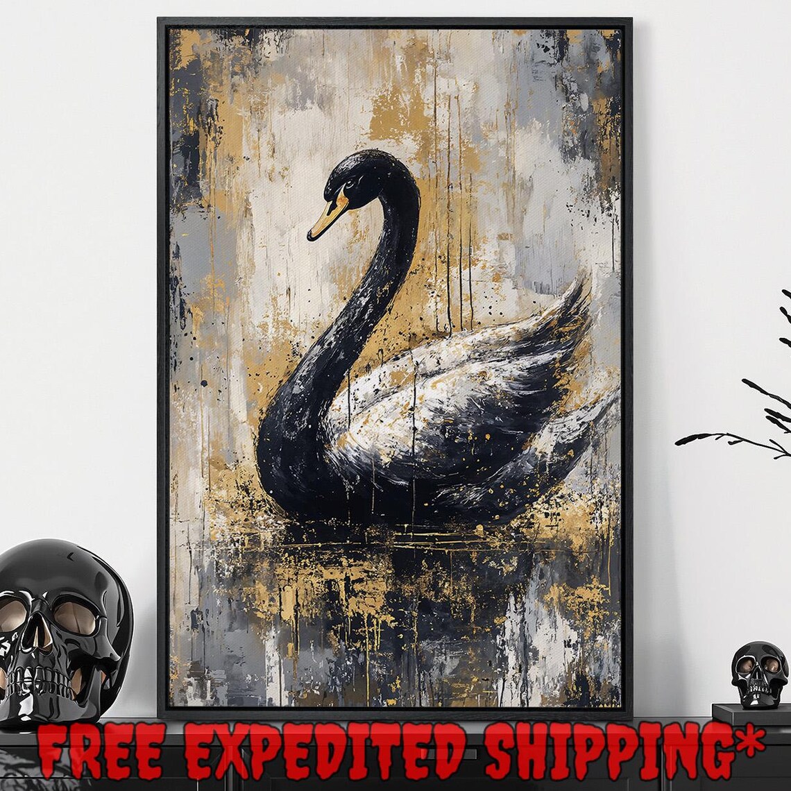 Abstract Black Swan With Curved Neck On White Gold Splattered Art Poster