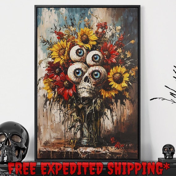 Floral Skull With Big Creepy Eyes Print Bouquet Flowers Surreal Decor Gothic Dark Botanical Poster Ready To Hang Framed Wall Art