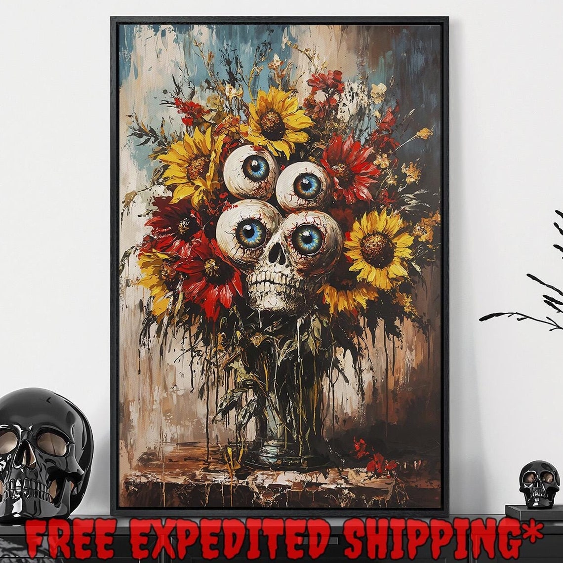 Surreal Skull With Big Blue Eyes Among Sunflowers Dark Art Poster