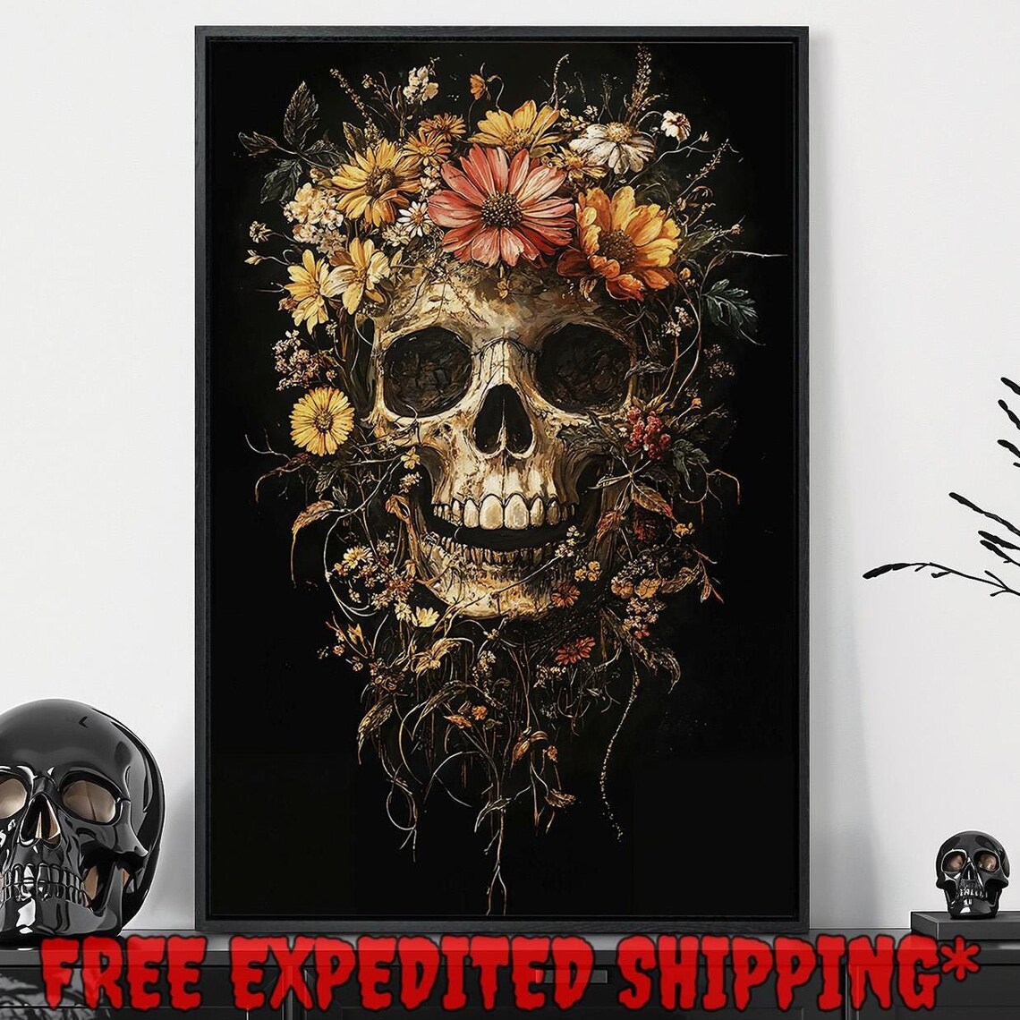 Floral Skull Crowned With Golden Yellow Wildflowers Dark Art Poster