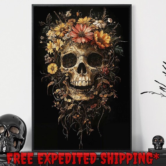 Floral Skull Crowned With Golden Yellow Wildflowers Dark Art Poster