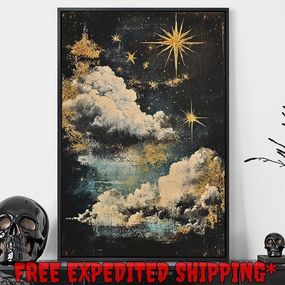 Celestial Night Sky Framed Wall Art Stars And Clouds Painting Print Dark Dreamscape Decor Ethereal Poster Gift Ready To Hang