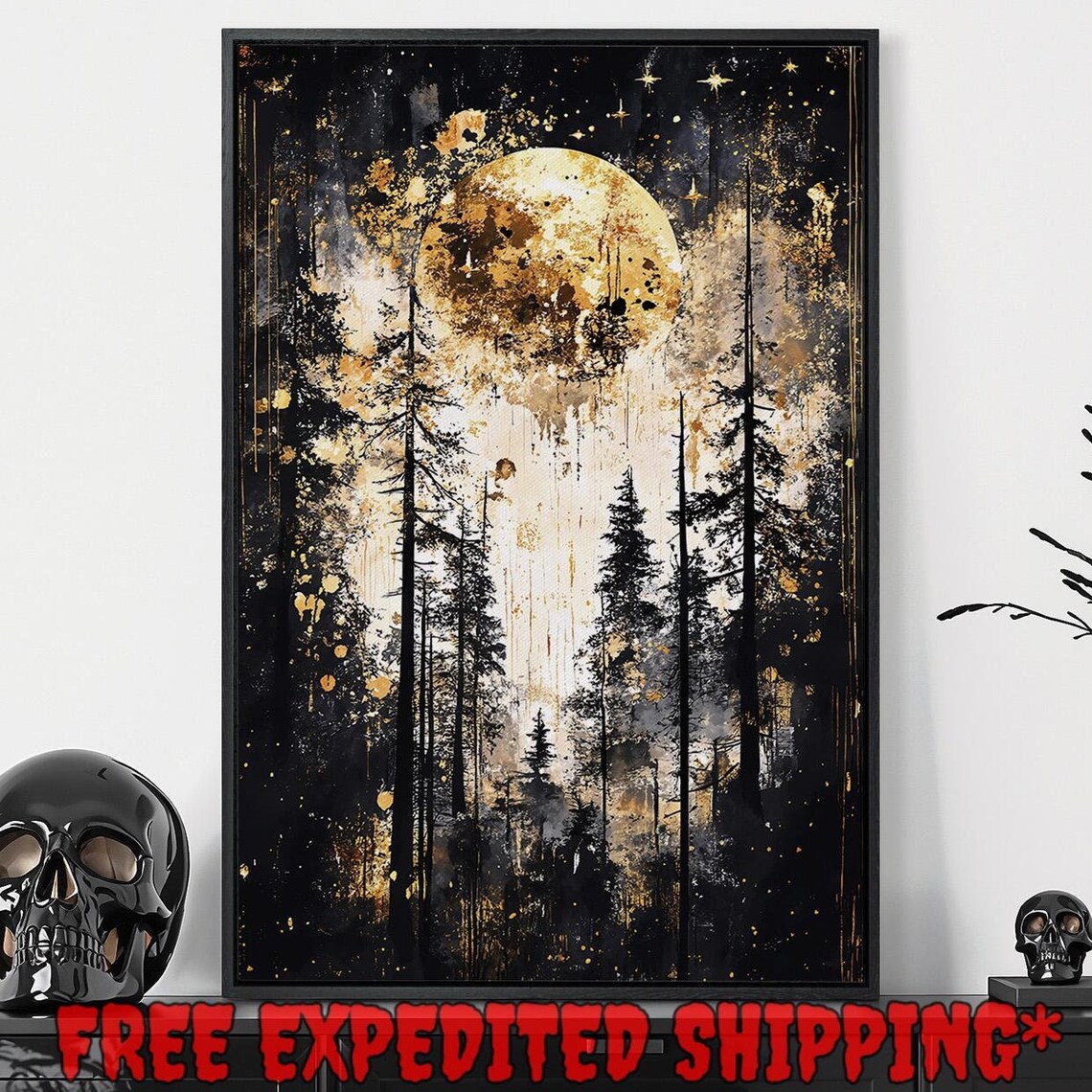 Gold Full Moon Rising Over Dark Pine Forest Mystical Surreal Night Poster