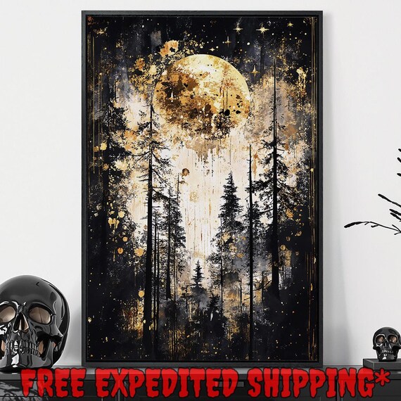 Gold Full Moon Rising Over Dark Pine Forest Mystical Surreal Night Poster