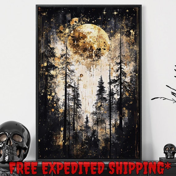 Surreal Forest Scene Framed Wall Art Mystical Full Moon Painting Print Gothic Landscape Decor Dark Academia Poster Ready To Hang