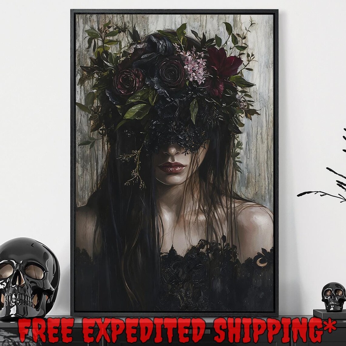 Dark Haired Girl With Black Floral Veil Mysterious Gothic Flower Poster