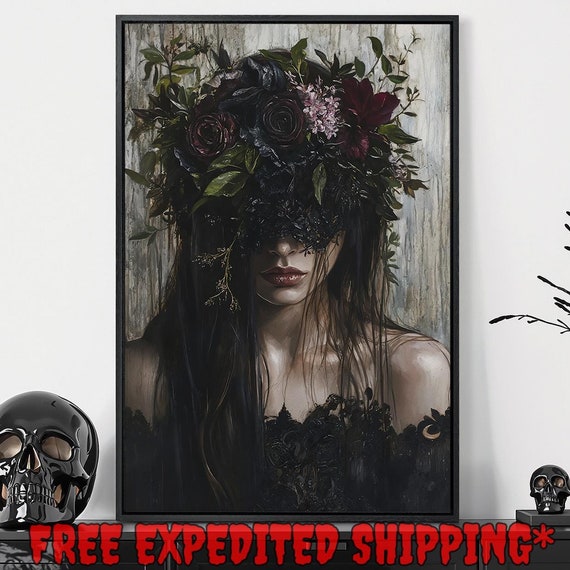 Beautiful Girl Framed Wall Art Dark Floral Wreath Painting Print Gothic Dark Academic Decor Mysterious Poster Gift Ready To Hang