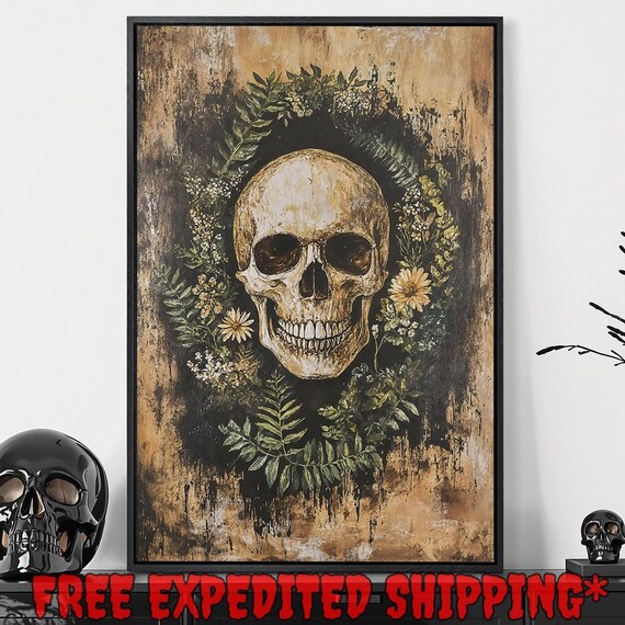 Skull Green Fern Wreath Wildflowers Grungy Dark Gothic Memento Mori Wall Art