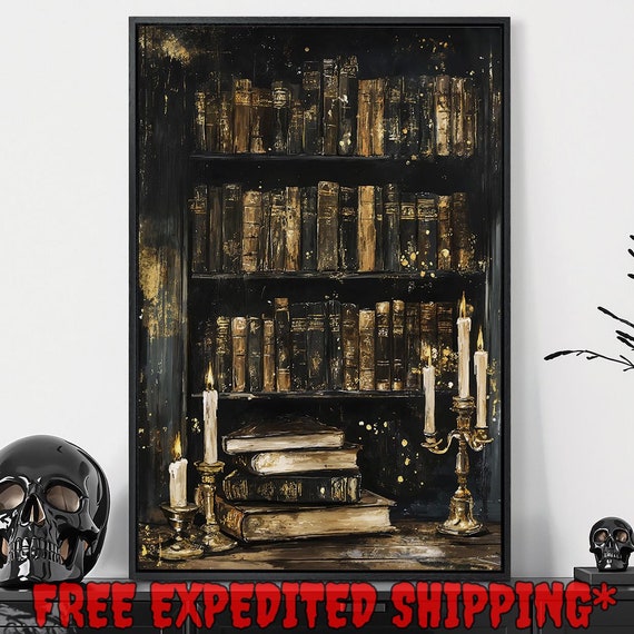 Vintage Bookcase Framed Wall Art Great Library Painting Print Books And Candle Glow Decor Dark Academic Poster Gift Ready To Hang