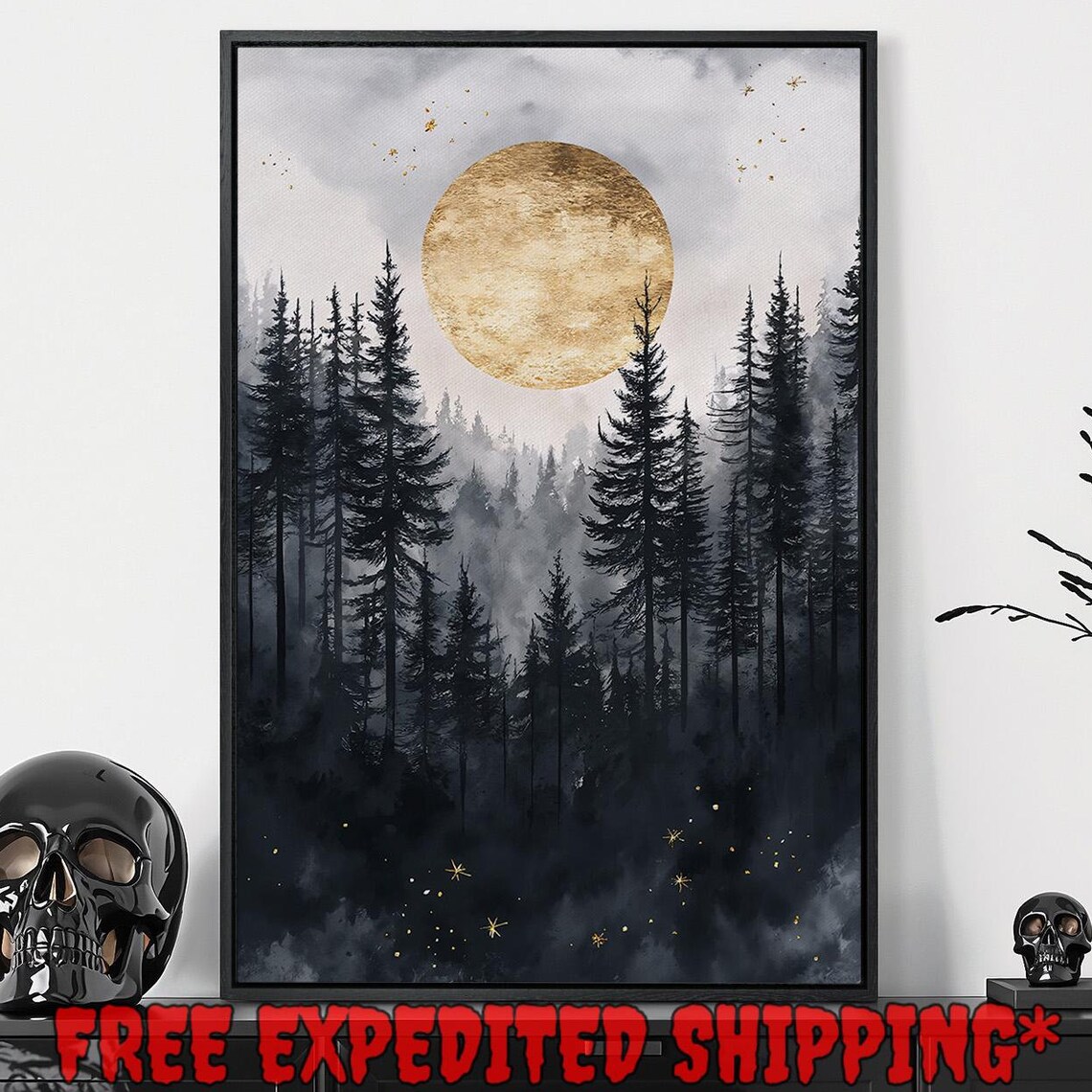 Golden Moon Over Misty Dark Pine Forest Foggy Night Art Poster