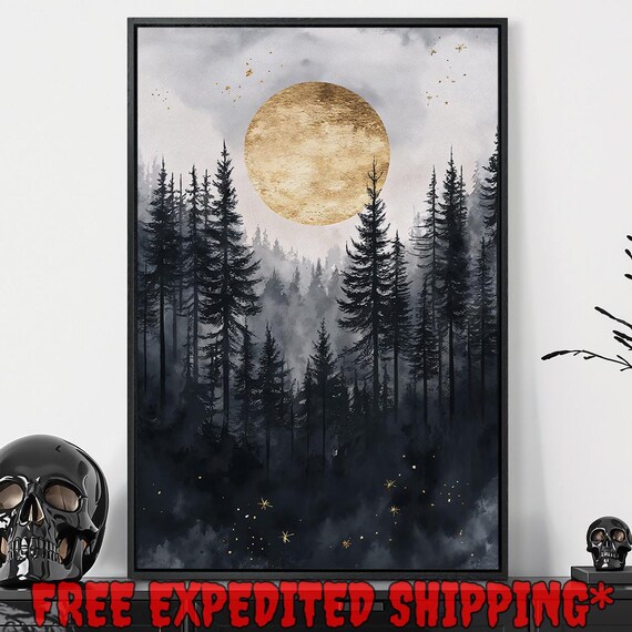 Mystical Dark Forest In The Fog Print Golden Moon And Stars Decor Celestial Dark Cottagecore Poster Ready To Hang Framed Wall Art