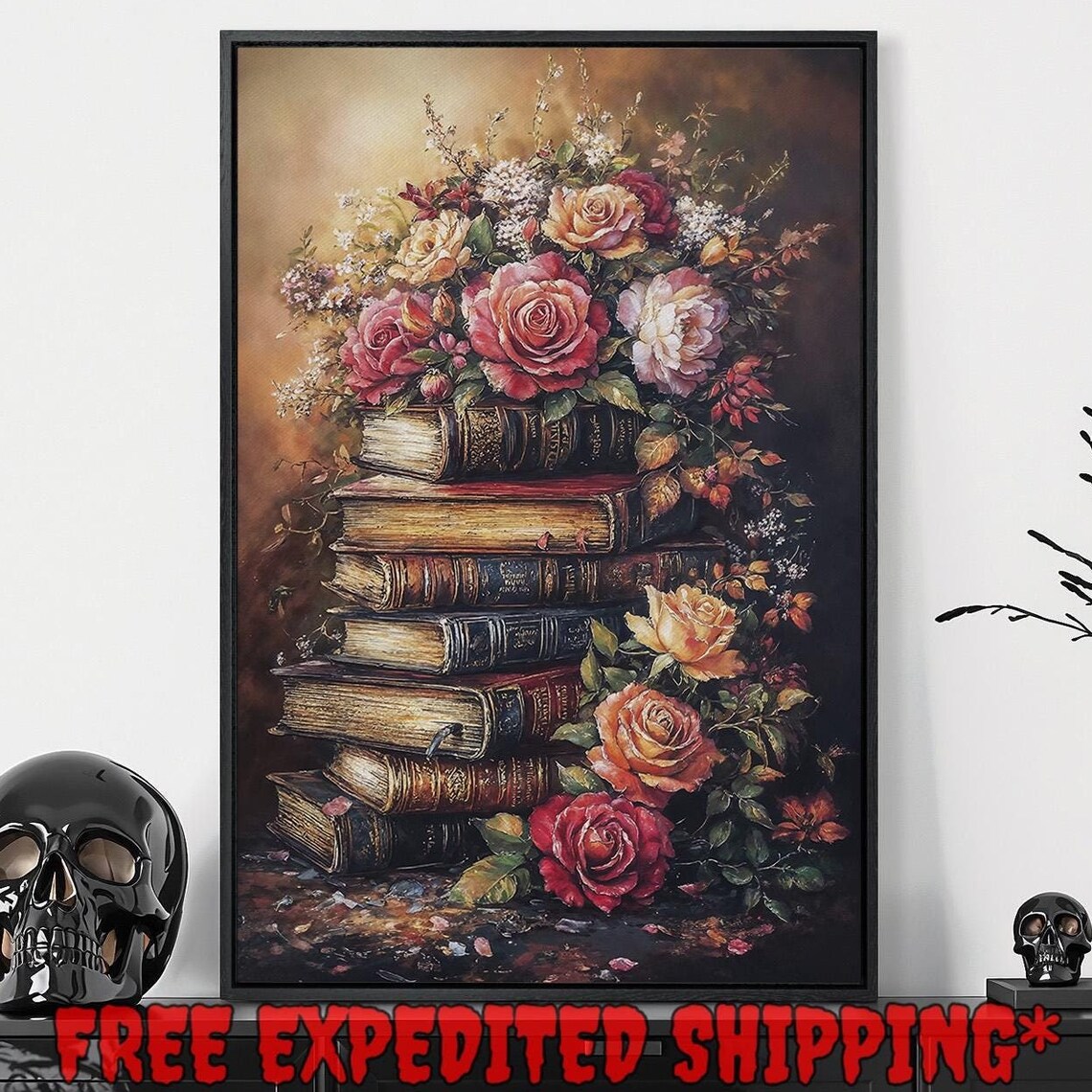 Antique Books Stack With Blooming Roses Romantic Floral Art Poster