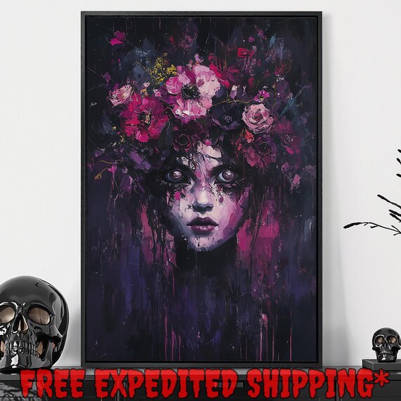 Haunting Surreal Woman Pink Flowers Dark Purple Gothic Portrait Wall Art