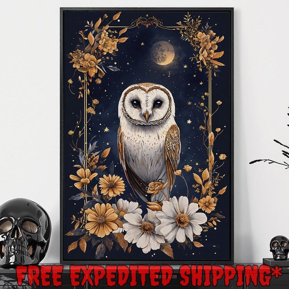 Enchanted White Owl Framed Wall Art Dark Floral Painting Print Night Starry Sky Decor Gothic Dark Academic Poster Ready To Hang