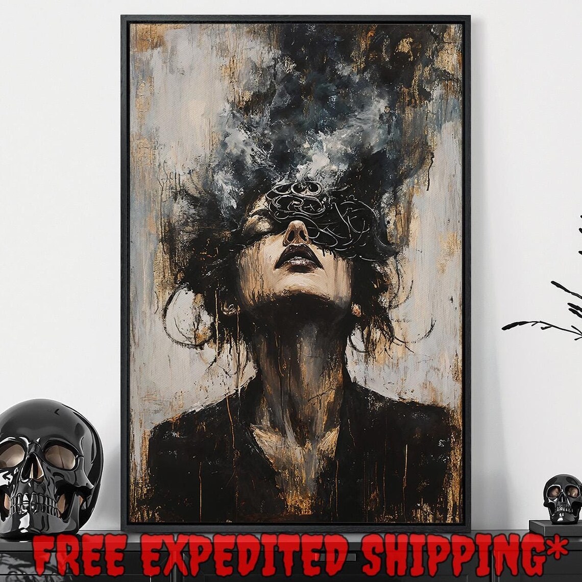 Woman Looking Up With Thorn Crown Smoke Dark Expressionist Portrait Poster