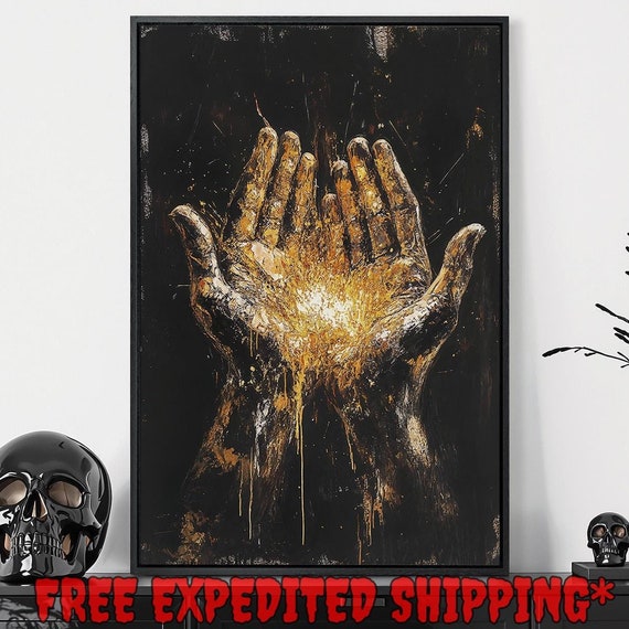Black And Gold Human Hands Framed Wall Art Glowing Palms Painting Print Macabre Decor Gothic Dark Cottagecore Poster Ready To Hang