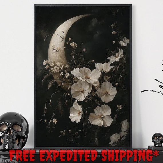 Gothic Crescent Moon Framed Wall Art Elegant White Floral Painting Print Moody Dark Academic Decor Macabre Poster Gift Ready To Hang