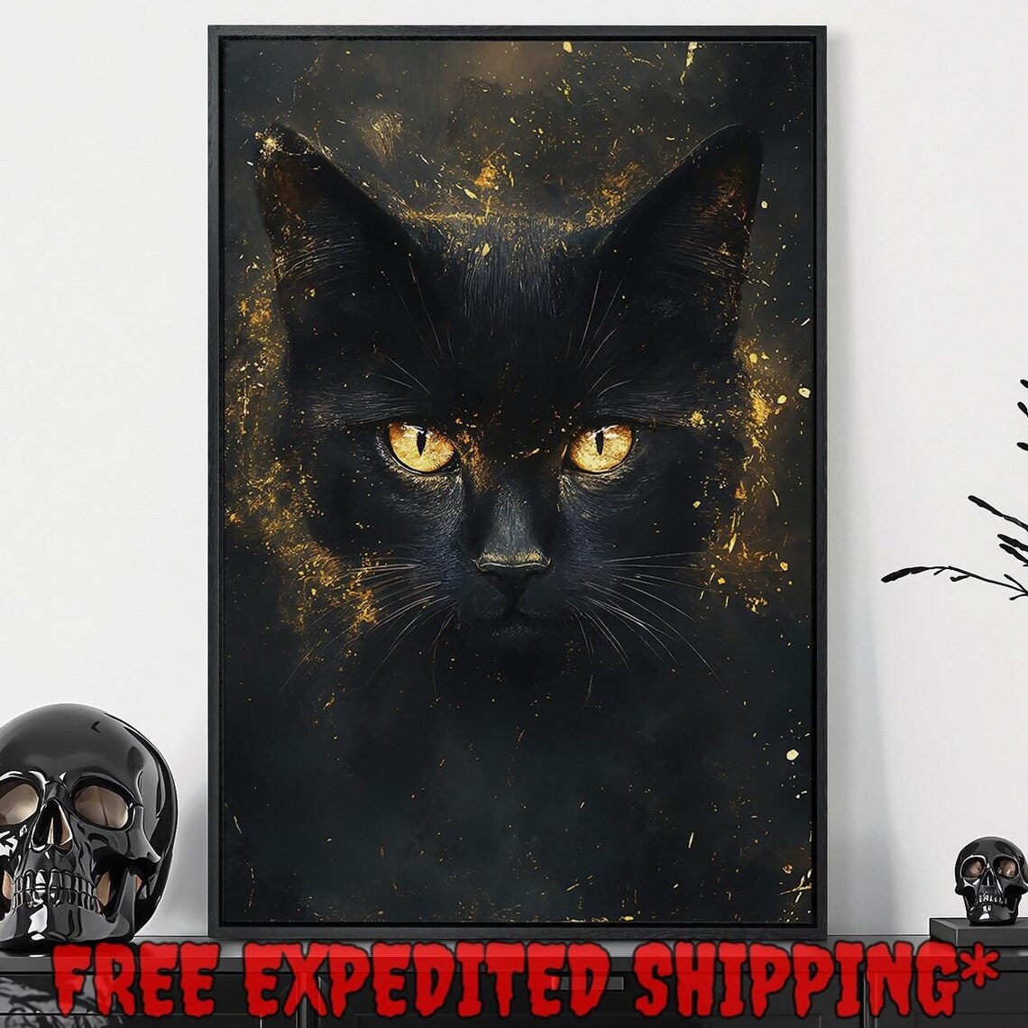 Black Cat Golden Eyes Dark Gold Splatter Dramatic Mystical Feline Wall Poster