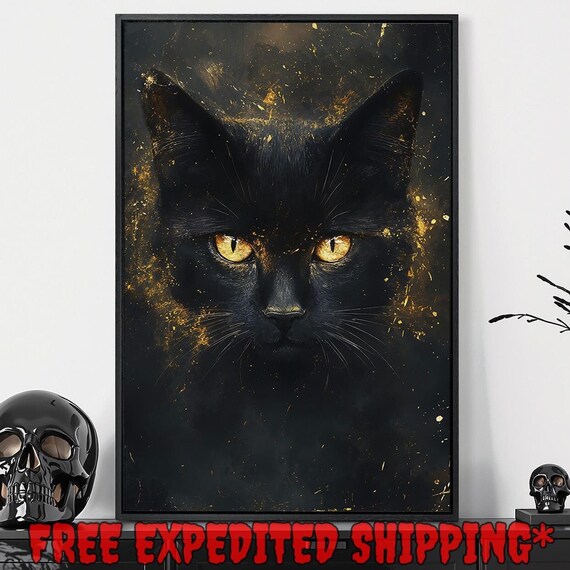 Black Cat Golden Eyes Dark Gold Splatter Dramatic Mystical Feline Wall Poster
