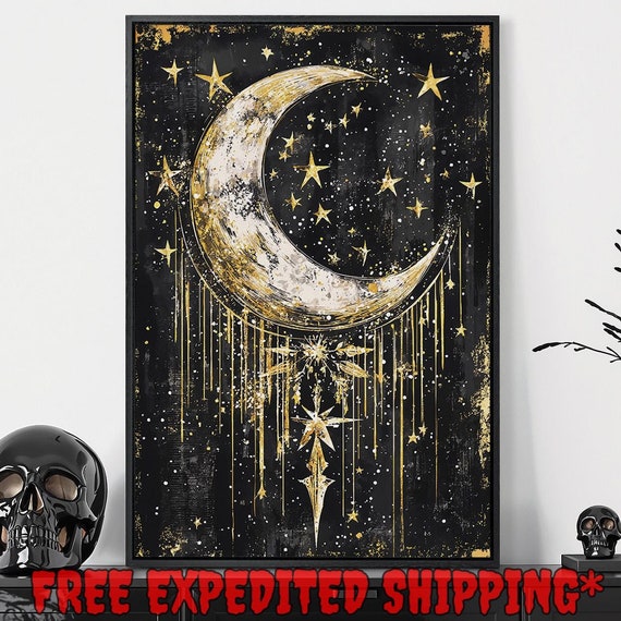 Crescent Moon And Stars Framed Wall Art Dark Night Sky Painting Print Gothic Celestial Decor Mystical Poster Gift Ready To Hang