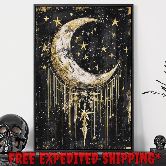Crescent Moon Dripping Gold Stars Gothic Celestial Black Night Wall Art Poster