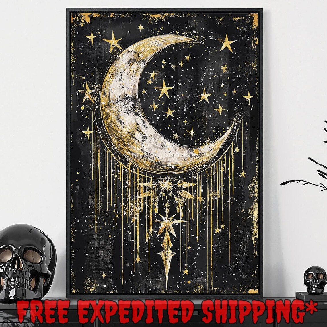 Crescent Moon Dripping Gold Stars Gothic Celestial Black Night Wall Art Poster