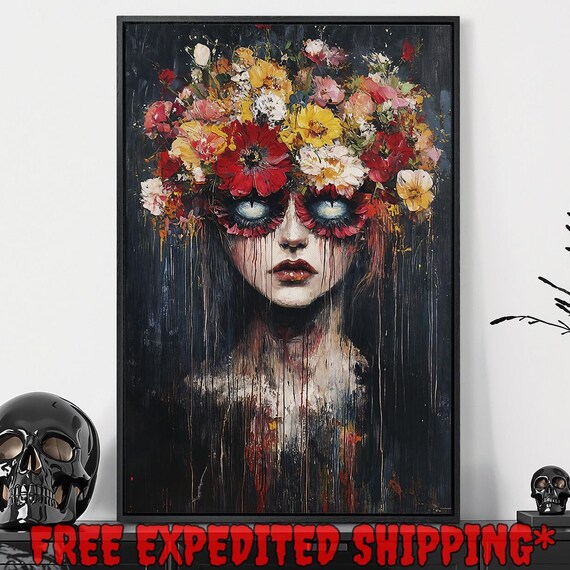 Surreal Floral Woman Portrait Glowing Eyes Dark Gothic Surrealism Wall Art