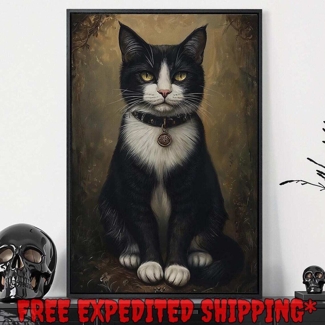 Tuxedo Cat Portrait With Green Eyes Vintage Style Painting Poster