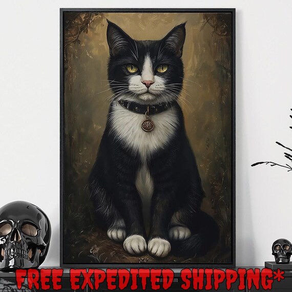 Tuxedo Cat Portrait With Green Eyes Vintage Style Painting Poster