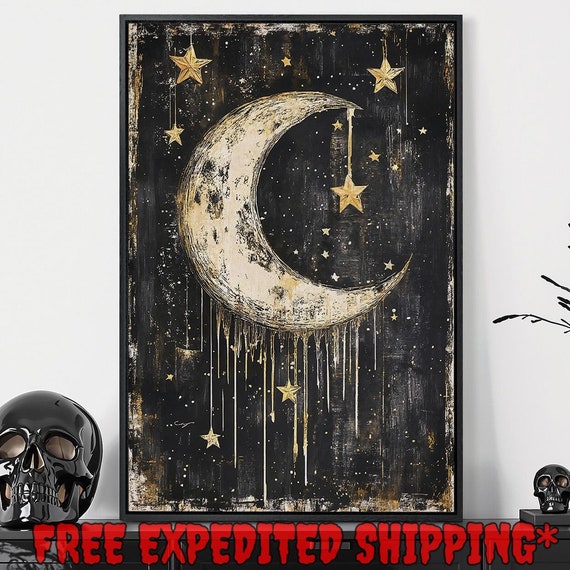 Crescent Moon In Starry Night Framed Wall Art Black Gold Celestial Painting Print Dark Space Decor Dark Academic Poster Ready To Hang