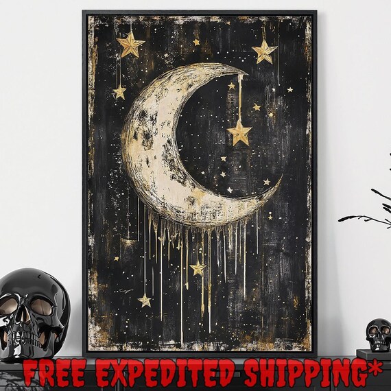 Crescent Moon With Hanging Gold Stars Dripping Black Celestial Art Poster